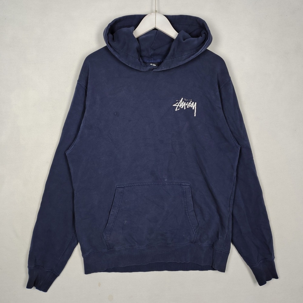 Stussy 8 Ball Hoodie Navy Blue Mens Medium Distressed Logo Streetwear Sweatshirt